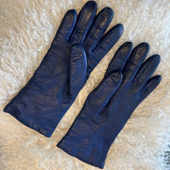 Holt Renfrew Blue Leather Gloves with Cashmere Lining Size 6 - Picture 1 of 6
